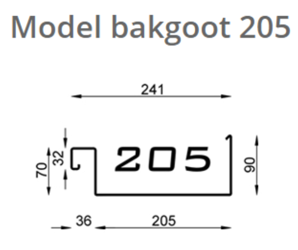 Technische tekening van aluminium bakgoot 205 met maatvoering